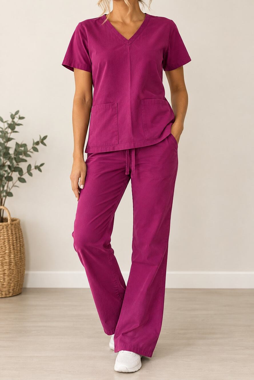 Vital Threads Wine Magenta Scrub Set Top & Pants Women's M VNeck Nursing Uniform